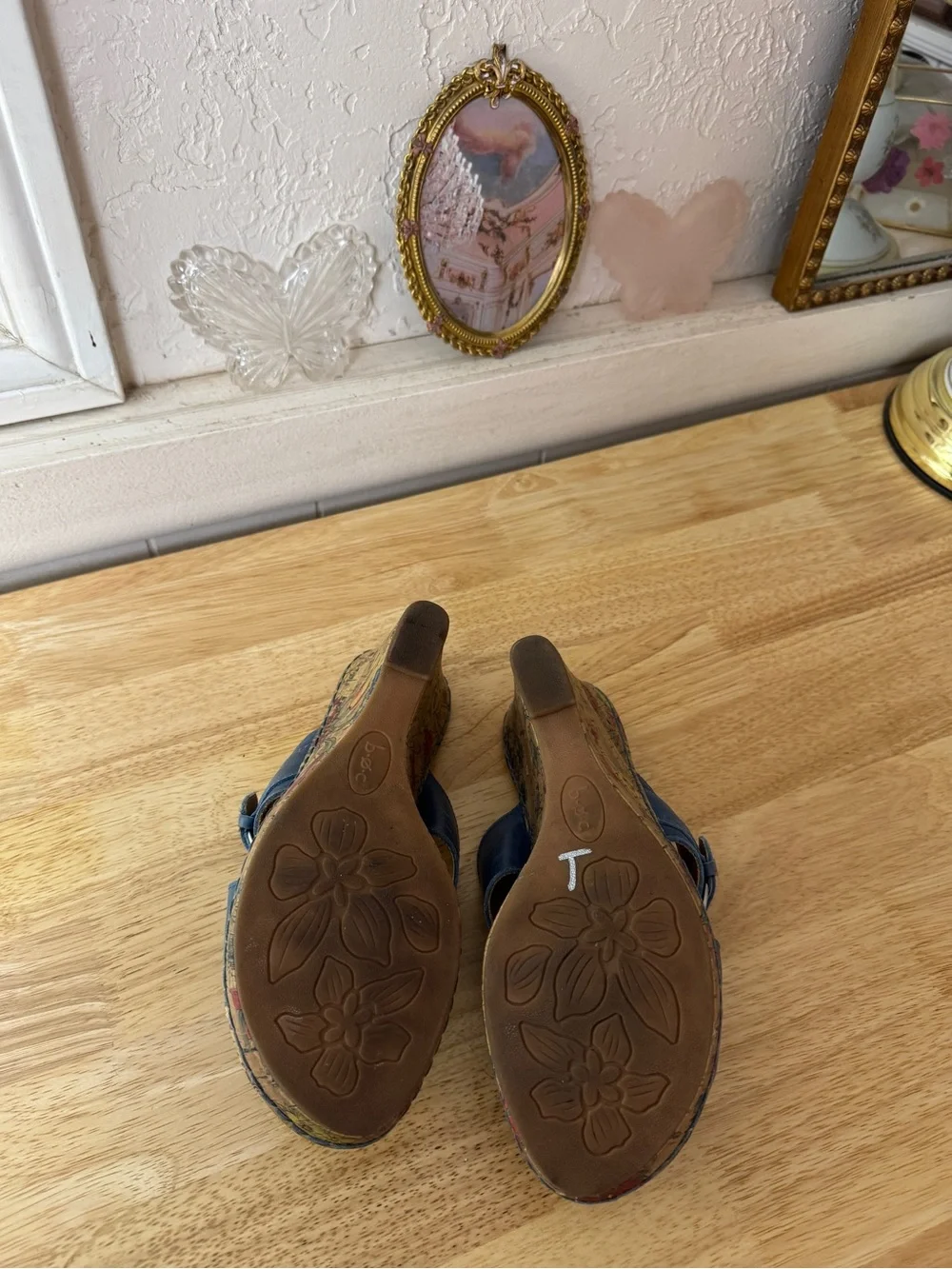 B.O.C. Blue Leather Cork Wedge Slide Sandals Size 7 Y2K Comfort Floral Wedges